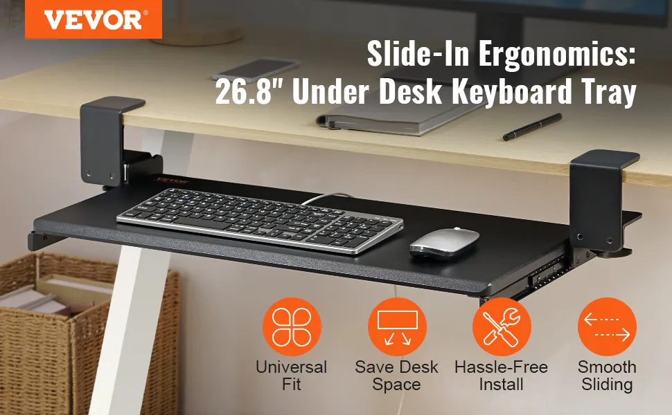 VEVOR keyboard tray: under desk, 26.8", ergonomic, universal fit, space-saving, easy install, smooth sliding