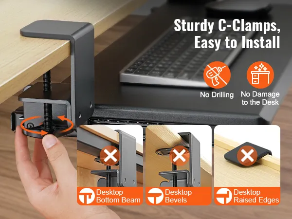 sturdy c-clamp installation of VEVOR keyboard tray on desk, no drilling, no damage.