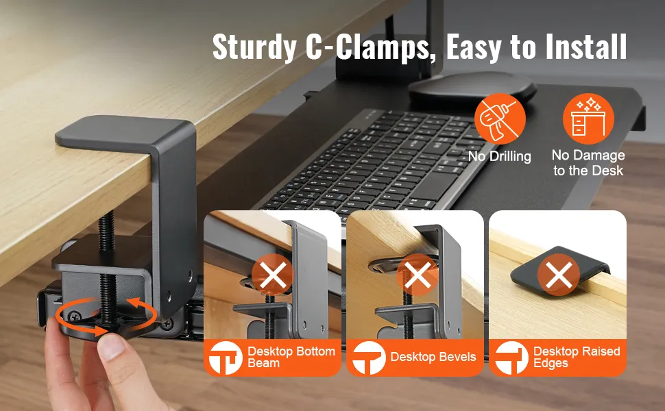 sturdy c-clamp installation of VEVOR keyboard tray on desk, no drilling, no damage.