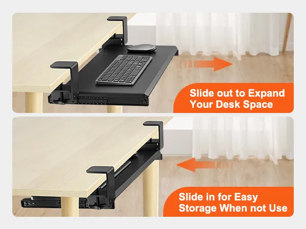 VEVOR keyboard tray slides out to expand desk space, and slides in for easy storage when not in use.