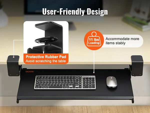 VEVOR keyboard tray with protective rubber pad, supporting up to 11 lbs, user-friendly design.