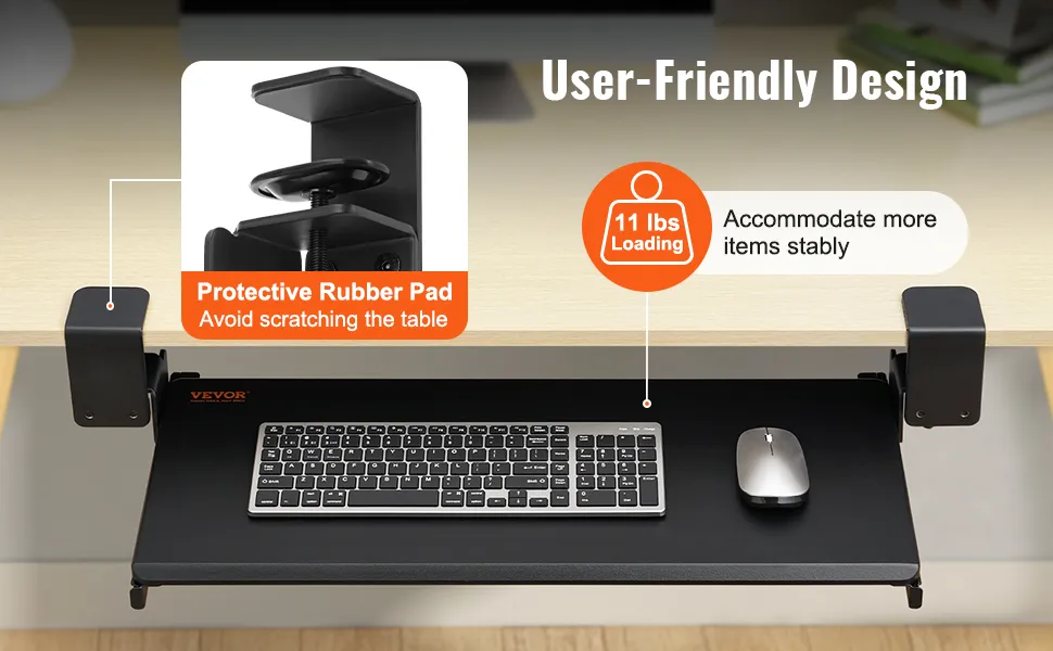 VEVOR keyboard tray with protective rubber pad, supporting up to 11 lbs, user-friendly design.