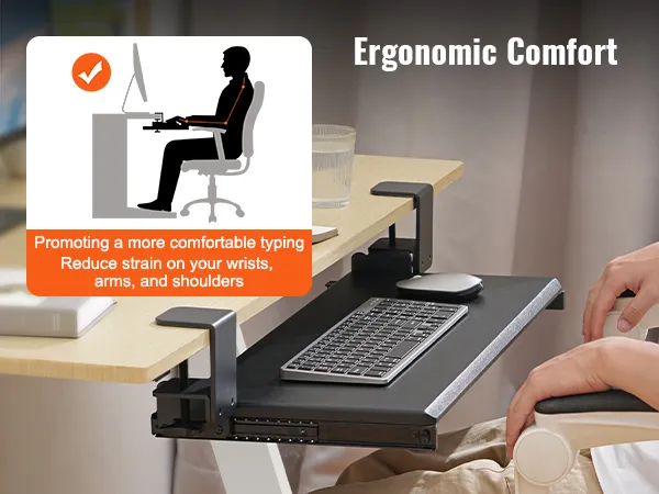 ergonomic VEVOR keyboard tray setup for comfortable typing, reducing strain on wrists and shoulders.