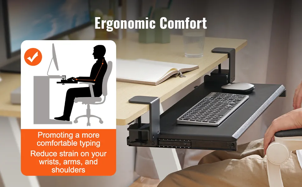 ergonomic VEVOR keyboard tray setup for comfortable typing, reducing strain on wrists and shoulders.