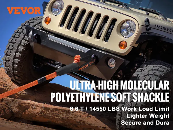 jeep rubicon using VEVOR synthetic recovery rope for off-road recovery on rocky terrain.