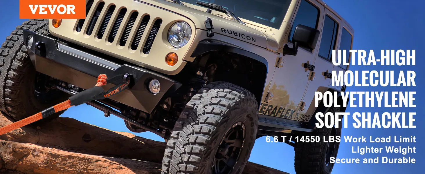jeep rubicon using VEVOR synthetic recovery rope for off-road recovery on rocky terrain.