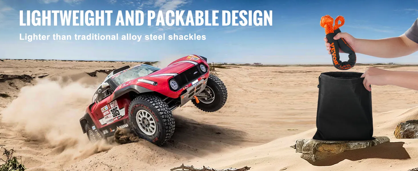 off-road vehicle in desert with VEVOR synthetic recovery rope being placed in a carrying bag. lightweight design.