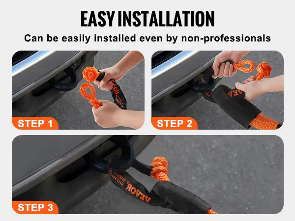 easy installation of VEVOR synthetic recovery rope: open shackle, attach hook, insert ball head, and tighten.