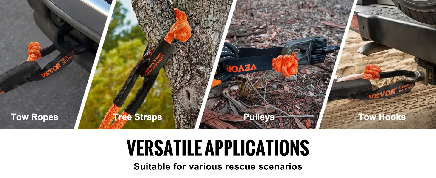 VEVOR synthetic recovery rope in action for tow ropes, tree straps, pulleys, and tow hooks.