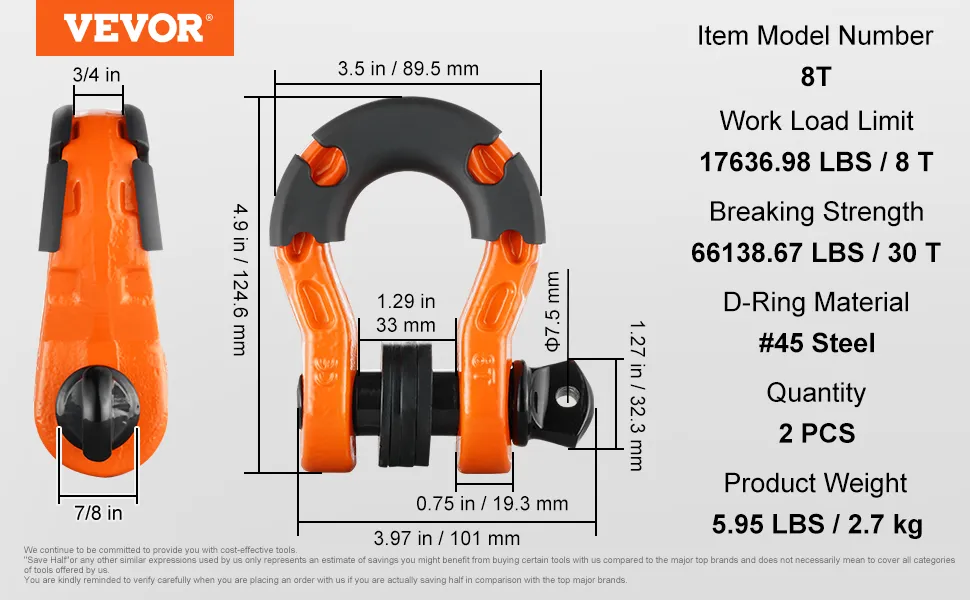 VEVOR d-ring shackle, 8t model, orange, dimensions, steel, 2 pcs, 17636.98 lbs work load limit.