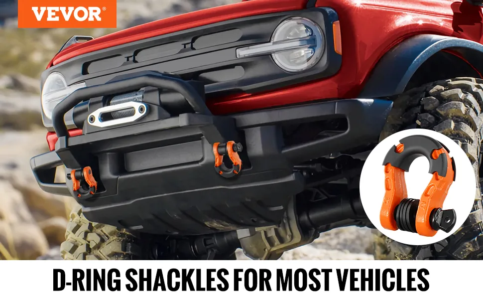 red off-road vehicle with VEVOR d-ring shackle attached to the front bumper, designed for rugged terrains.