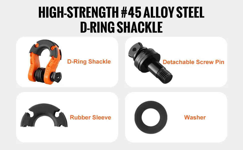 high-strength #45 alloy steel VEVOR d-ring shackle with detachable screw pin, rubber sleeve, and washer.