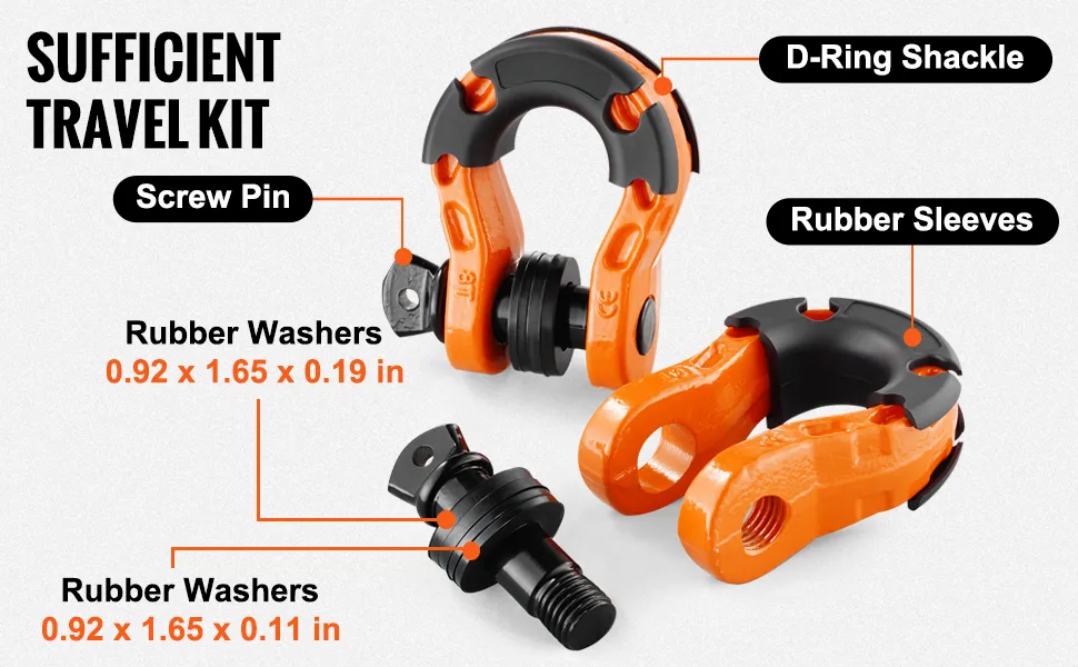 VEVOR d-ring shackle travel kit with screw pin, rubber washers, and sleeves in orange and black.