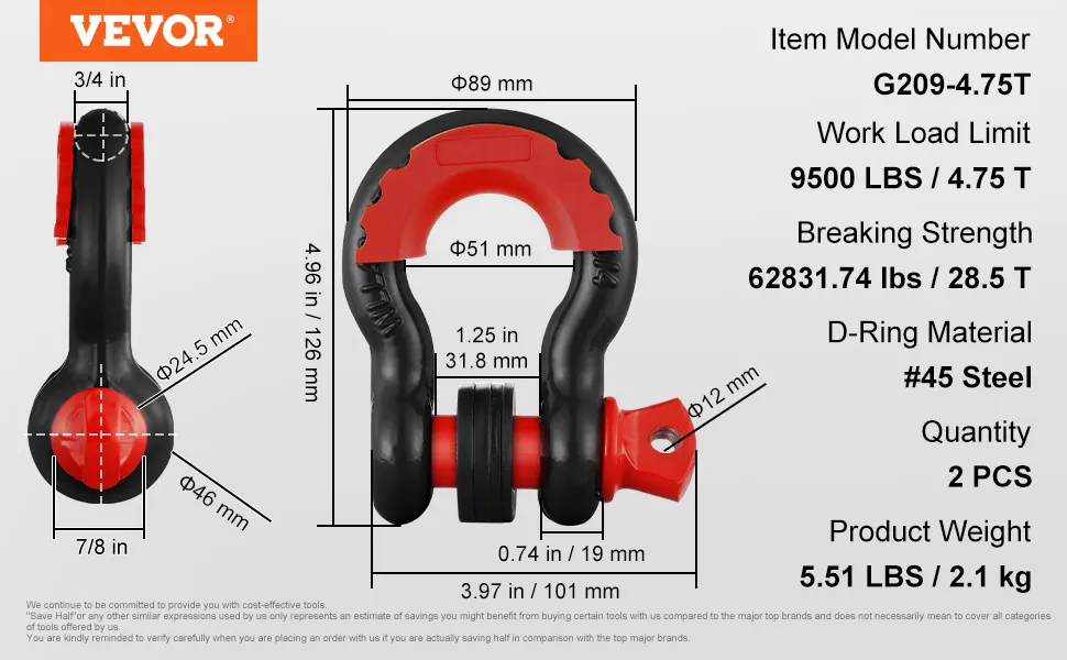 Grillete con anillo en D VEVOR g209-4,75 t, carga de trabajo 9500 lb, cantidad 2, fabricado en acero n.º 45, peso 5,51 lb.