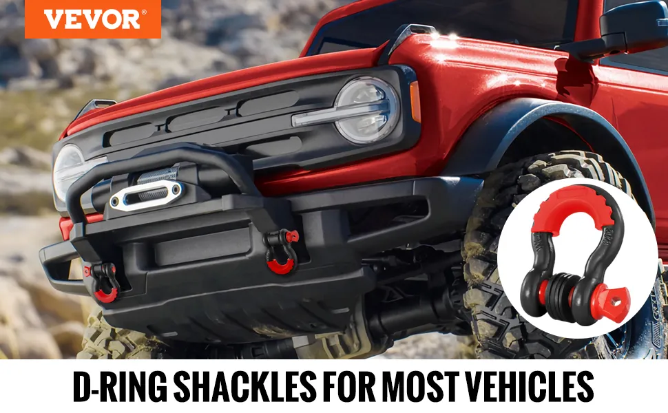 Grillete con anillo en D VEVOR en un camión todoterreno rojo, diseñado para la mayoría de los vehículos.