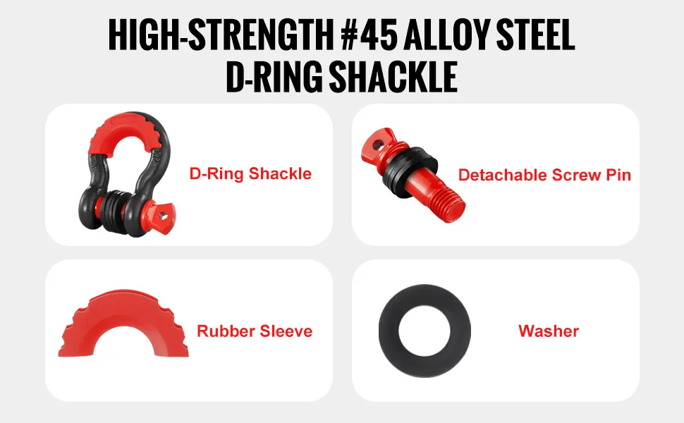 Componentes del grillete de anillo en D VEVOR: grillete de acero de aleación, pasador de tornillo desmontable, funda de goma y arandela.