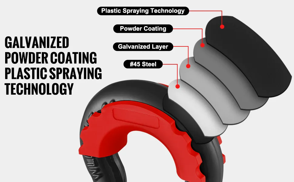 Grillete de anillo en D VEVOR con capas de tecnología galvanizada, recubrimiento en polvo y pulverización de plástico.