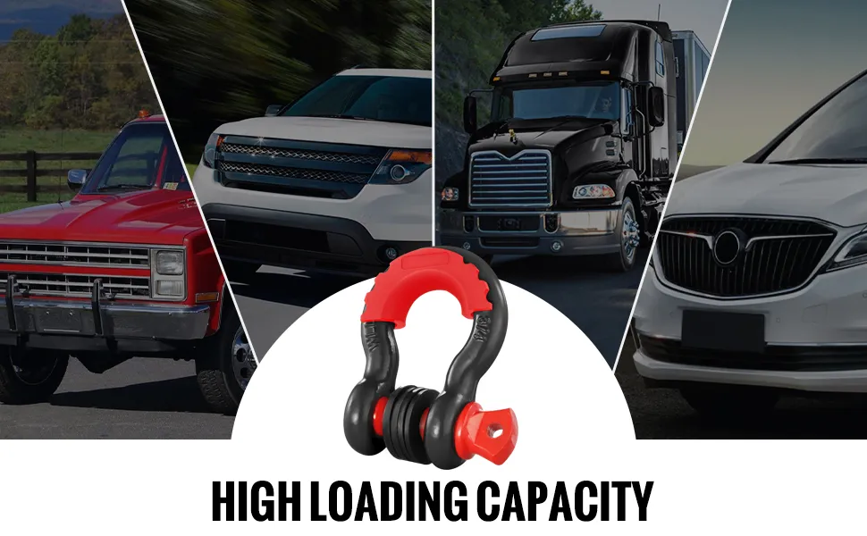 Grillete en D VEVOR para camiones y SUV con gran capacidad de carga, utilizado en la parte delantera de varios vehículos.