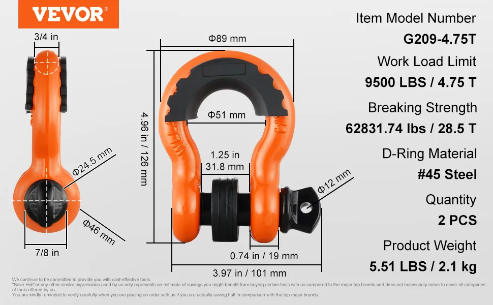 Grillete con anillo en D VEVOR g209-4,75 t, límite de carga de 9500 lb, acero n.° 45, 2 piezas, 5,51 lb, resistencia a la rotura de 62831,74 lb.