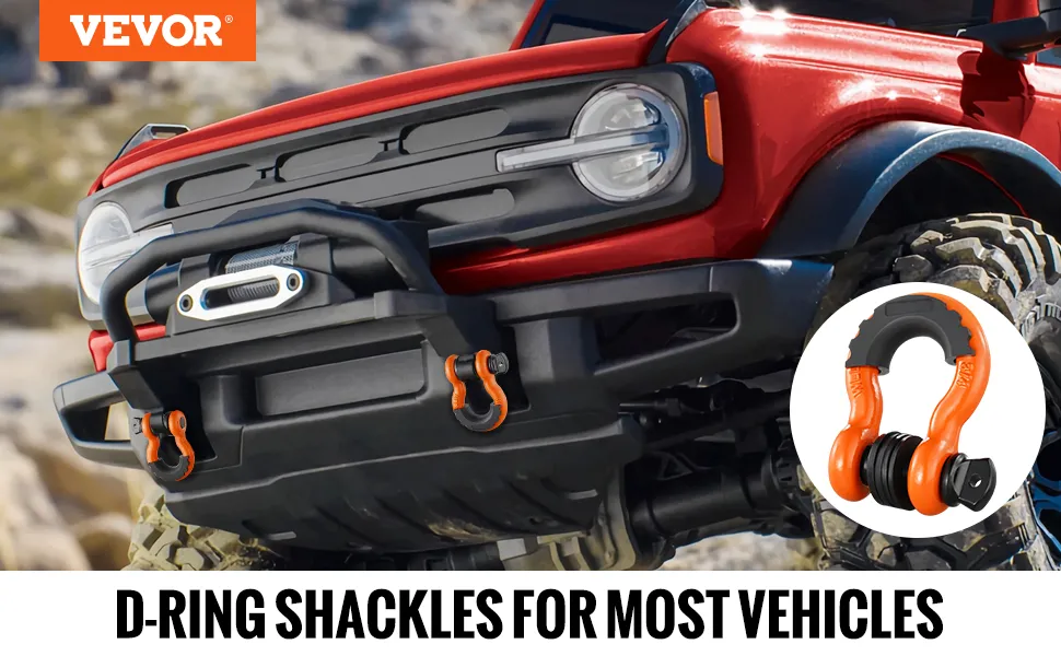 Grillete con anillo en D VEVOR en parachoques rojo 4x4 con cabrestante, diseñado para la mayoría de vehículos con terrenos accidentados de fondo.