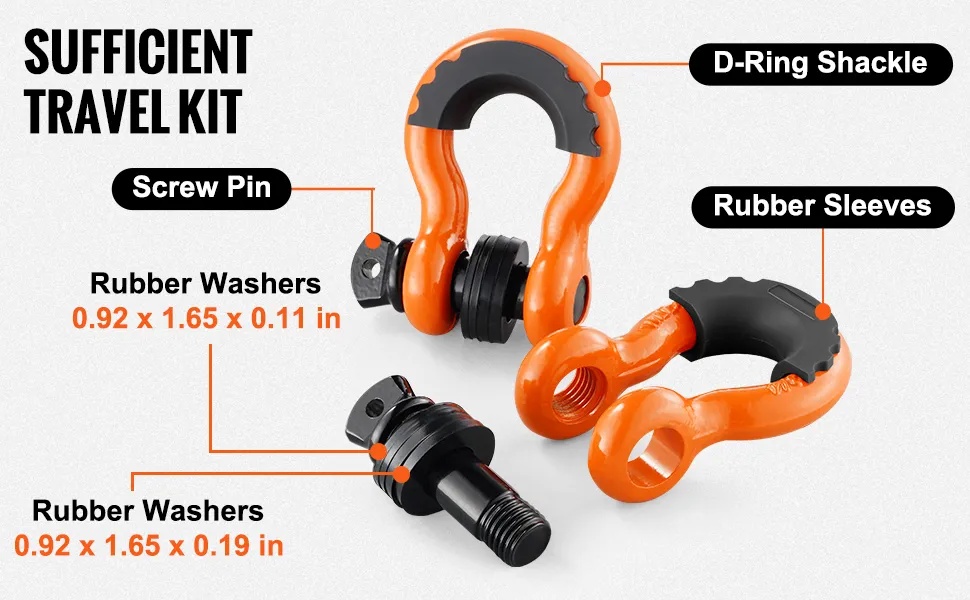 Kit de viaje con grillete en D VEVOR con pasador de tornillo, mangas de goma y arandelas.