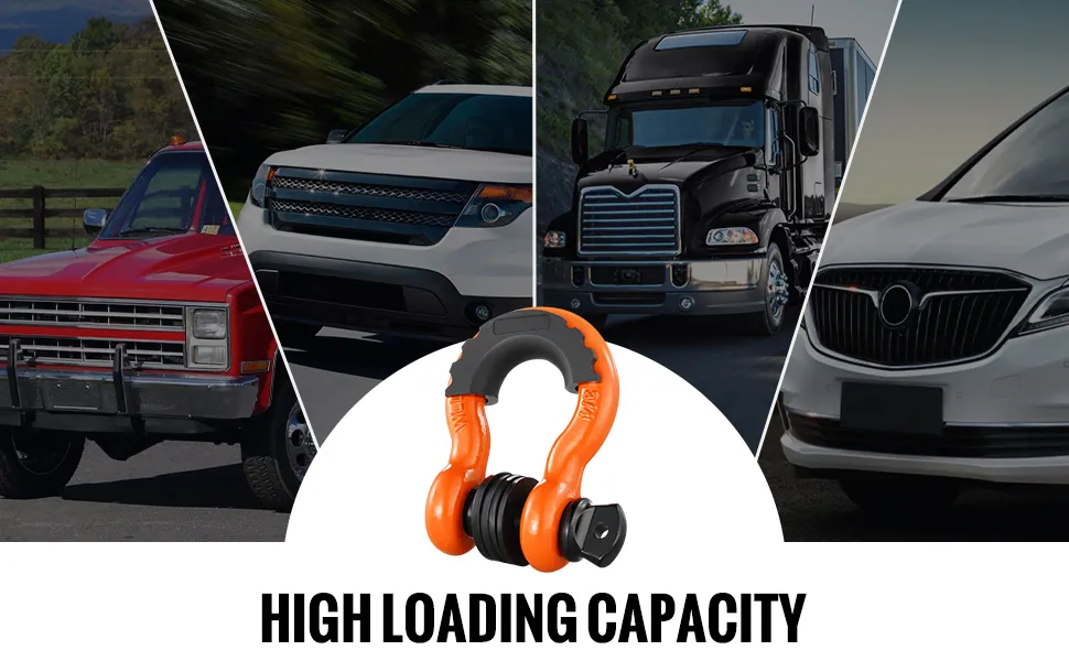 Grillete en D VEVOR mostrado con varios vehículos bajo el texto "alta capacidad de carga".