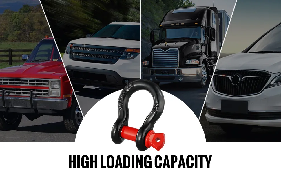 Gancio ad anello a D VEVOR con quattro veicoli, tra cui un camion e un SUV, che dimostra un'elevata capacità di carico.