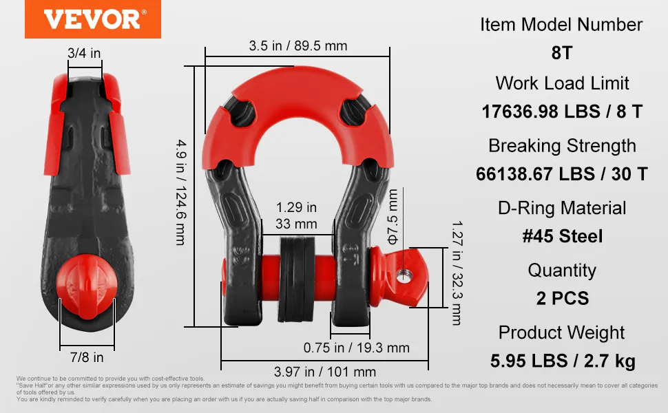 VEVOR d-ring shackle 8t, 17636.98 lbs work load, 66138.67 lbs breaking strength, set of 2.