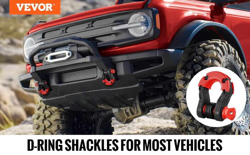 VEVOR d-ring shackle on a rugged red vehicle with a close-up inset showing the shackle in detail.
