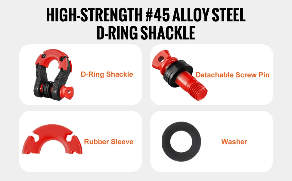 high-strength #45 alloy steel VEVOR d-ring shackle with screw pin, rubber sleeve, and washer.