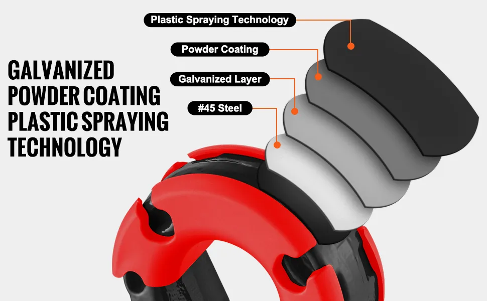 VEVOR d-ring shackle with #45 steel, galvanization, powder coating, and plastic spraying technology.