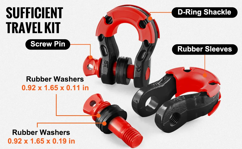 VEVOR d-ring shackle travel kit with rubber washers, screw pin, and rubber sleeves, labeled in black.