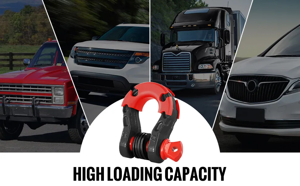 VEVOR d-ring shackle with high loading capacity in front of various vehicles: truck, suv, and car.