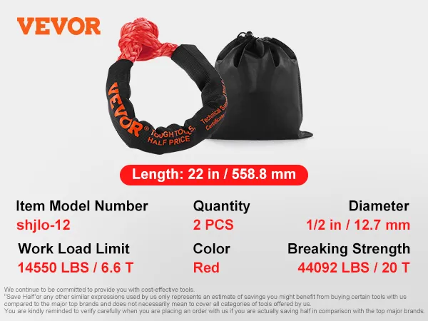 VEVOR soft shackle rope, red, 22in length, 14550lbs workload, 44092lbs breaking strength, 2pcs.