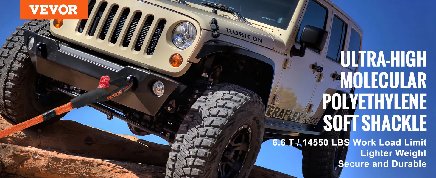 VEVOR soft shackle rope attached to a white jeep on rocky terrain, showcasing its durability.