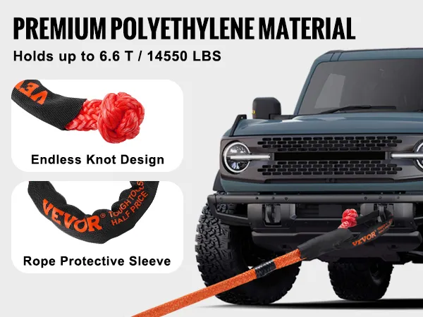 VEVOR soft shackle rope, 20t breaking strength, premium polyethylene, endless knot design, protective sleeve