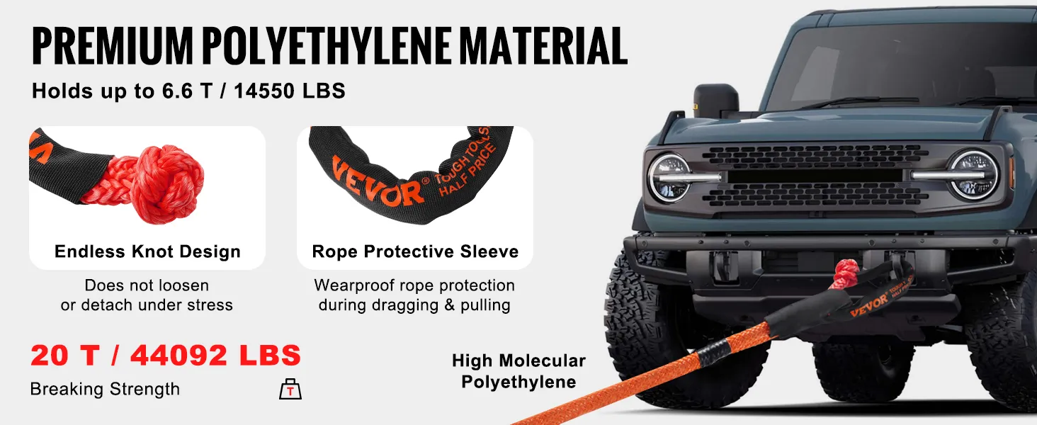 VEVOR soft shackle rope, 20t breaking strength, premium polyethylene, endless knot design, protective sleeve