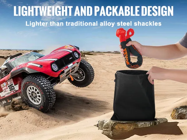 off-road car drives through desert; person packs VEVOR soft shackle rope into black bag.