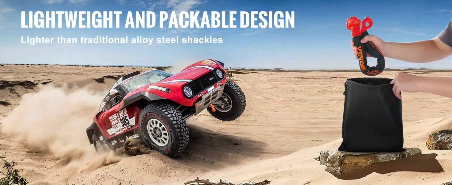 off-road car drives through desert; person packs VEVOR soft shackle rope into black bag.