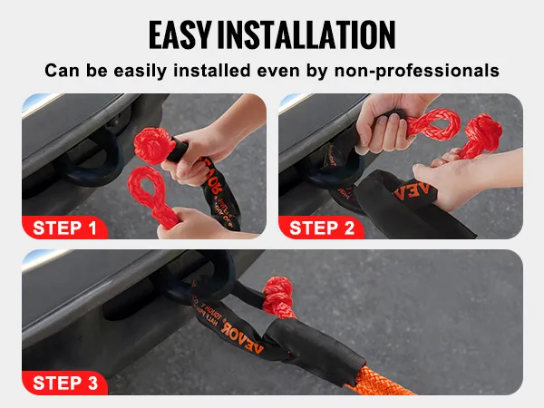 VEVOR soft shackle rope: three steps to easily install and secure the shackle to a vehicle attachment point.