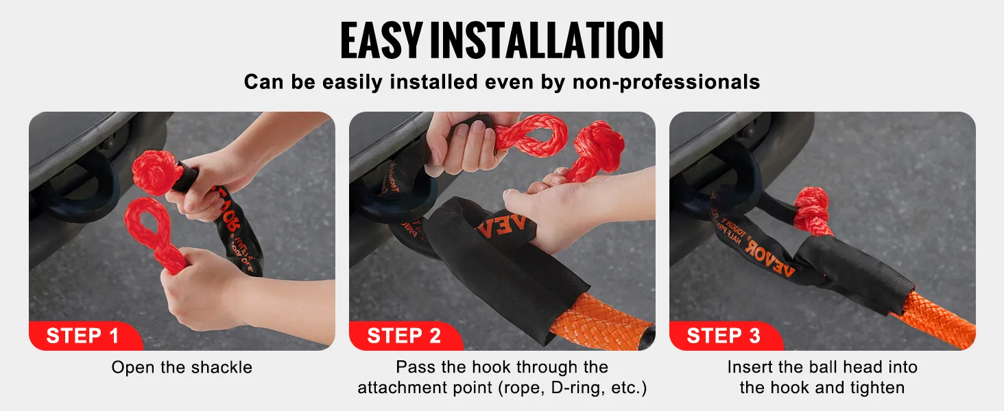 VEVOR soft shackle rope: three steps to easily install and secure the shackle to a vehicle attachment point.