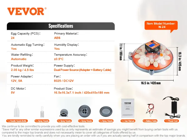 Incubadora de huevos VEVOR n-24 con capacidad para 24 huevos, fuente de alimentación dual, giro automático de huevos y pantalla de humedad.