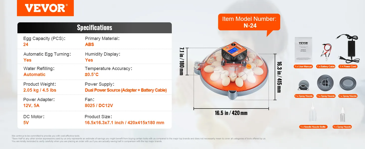 Incubadora de huevos VEVOR n-24 con capacidad para 24 huevos, fuente de alimentación dual, giro automático de huevos y pantalla de humedad.
