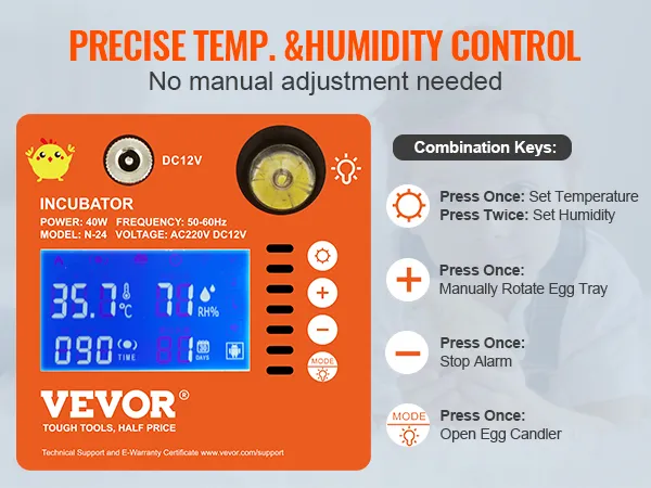 Incubadora de huevos VEVOR con control preciso de temperatura y humedad, fácil configuración de temperatura, humedad y rotación de la bandeja.