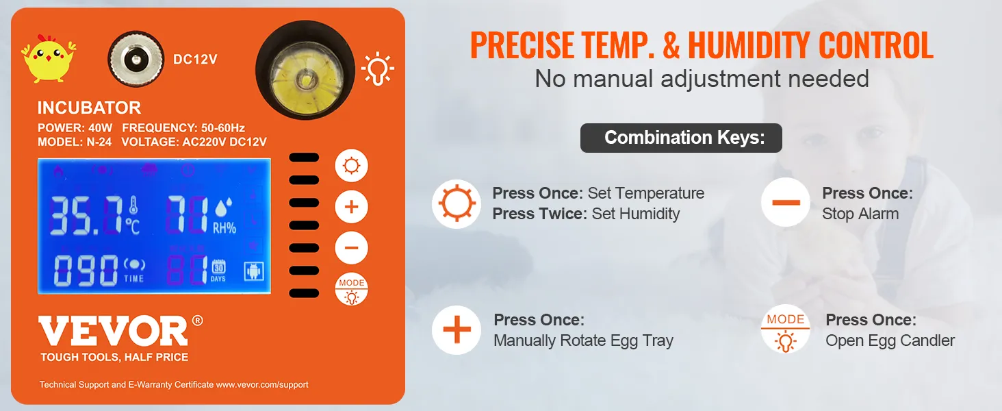 Incubadora de huevos VEVOR con control preciso de temperatura y humedad, fácil configuración de temperatura, humedad y rotación de la bandeja.