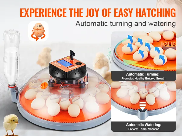 Incubadora de huevos VEVOR con funciones de giro y riego automáticos para una fácil eclosión y un crecimiento saludable de los embriones.