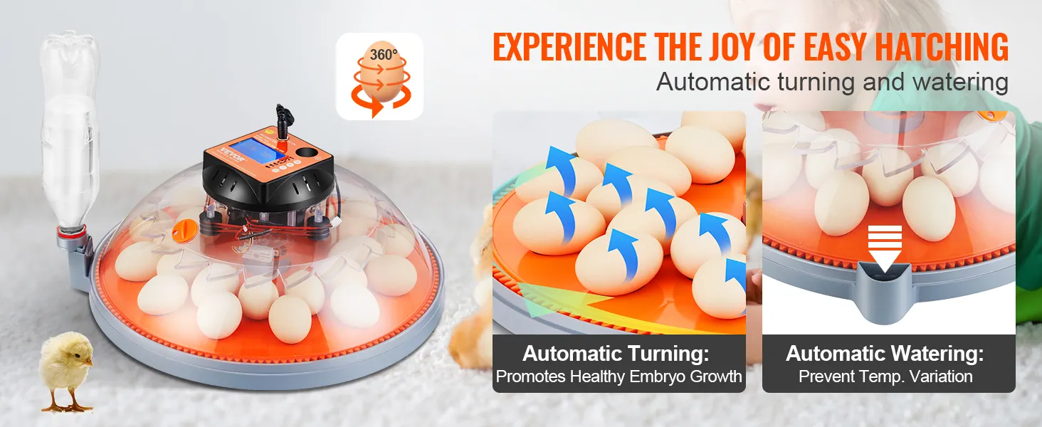 Incubadora de huevos VEVOR con funciones de giro y riego automáticos para una fácil eclosión y un crecimiento saludable de los embriones.