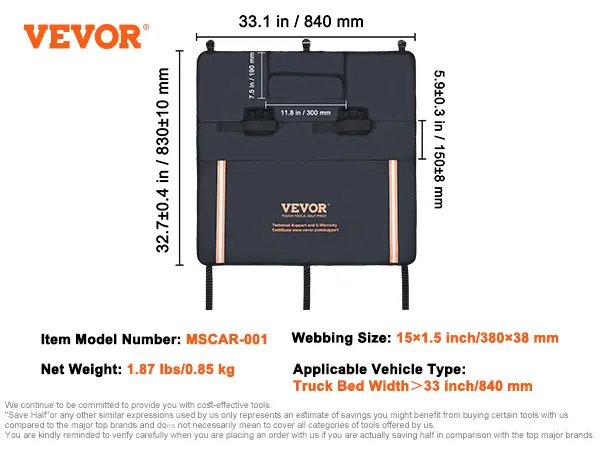 VEVOR tailgate pad mscar-001 for truck beds >33in wide, 15x1.5in webbing, 1.87lbs weight, black.