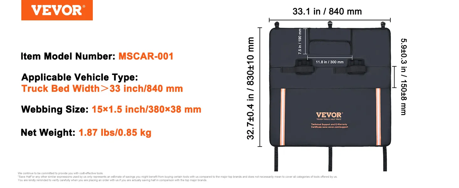 VEVOR tailgate pad mscar-001 for truck beds >33in wide, 15x1.5in webbing, 1.87lbs weight, black.