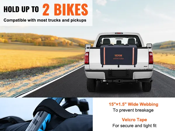 VEVOR tailgate pad holding bikes on a truck bed, suitable for most trucks and pickups.